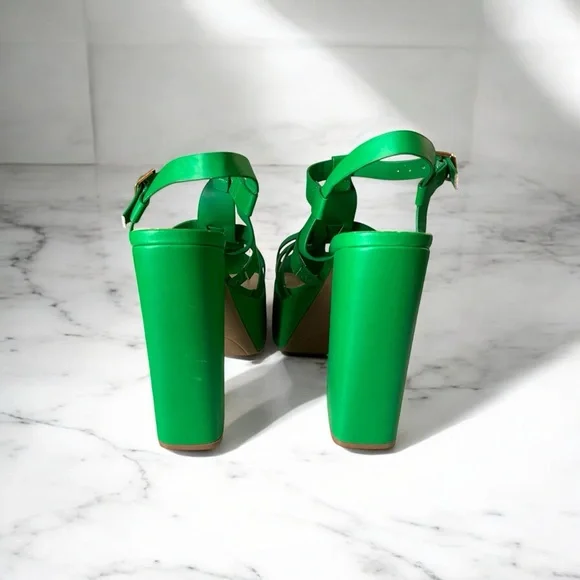 Green Strappy Caged Chunky Heel Women's Sandals Sz 7.5 Brand New - Picture 3 of 6